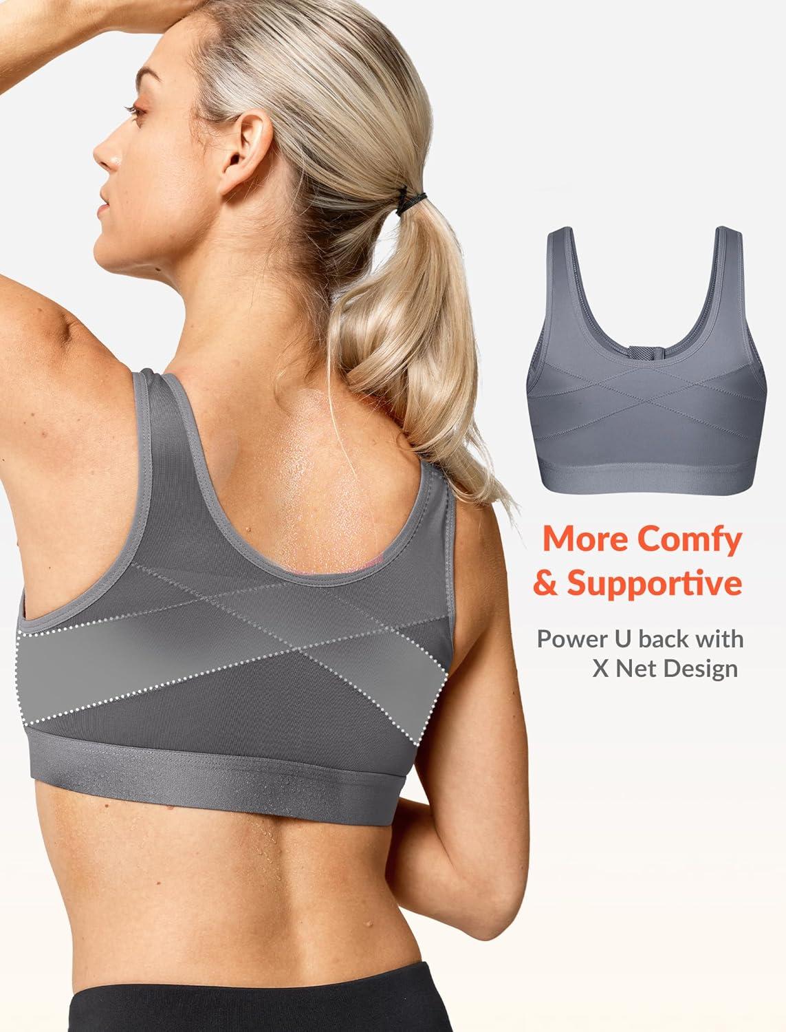 Yvette Zip Front Sports Bras 32A-48DD Plus Size for Women High Impact Yoga Bra Wirefree No Padding(Grey/Please Size Up)