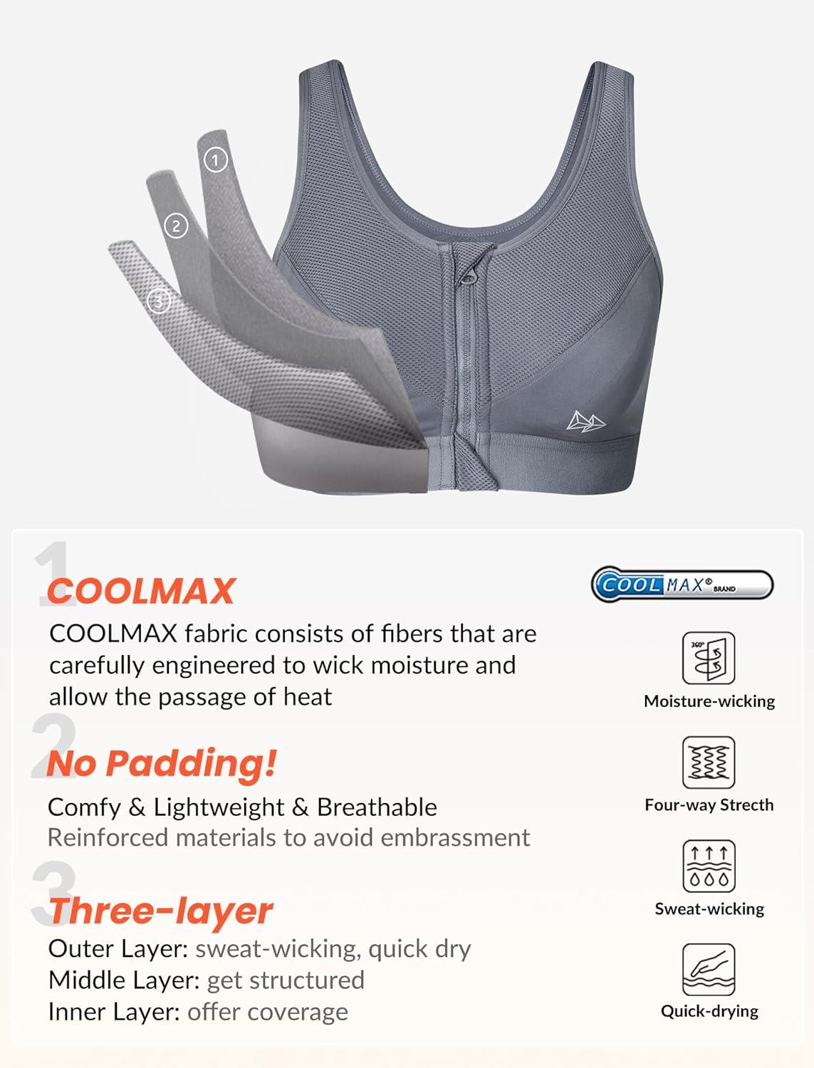 Yvette Zip Front Sports Bras 32A-48DD Plus Size for Women High Impact Yoga Bra Wirefree No Padding(Grey/Please Size Up)