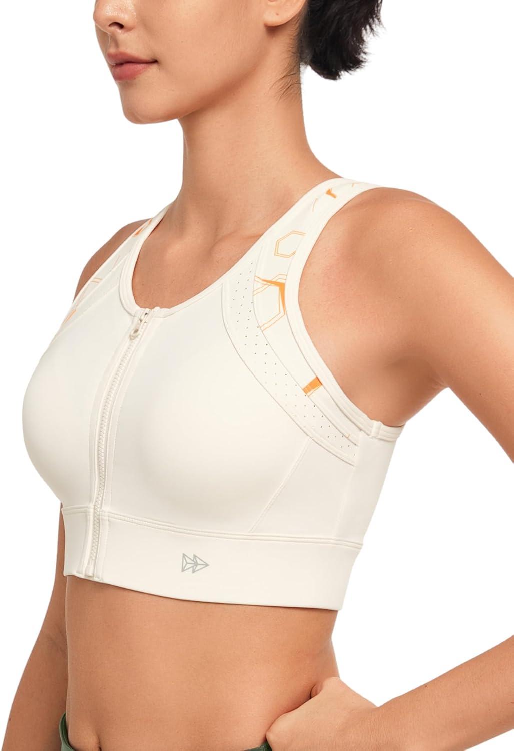 Yvette Sports Bras for Women High Impact Support, Sleek V-Neck Design with Adjustable Criss Cross Straps, Plus Size Sports Bra for Large Breasts Bust for Running & Workout Ivory