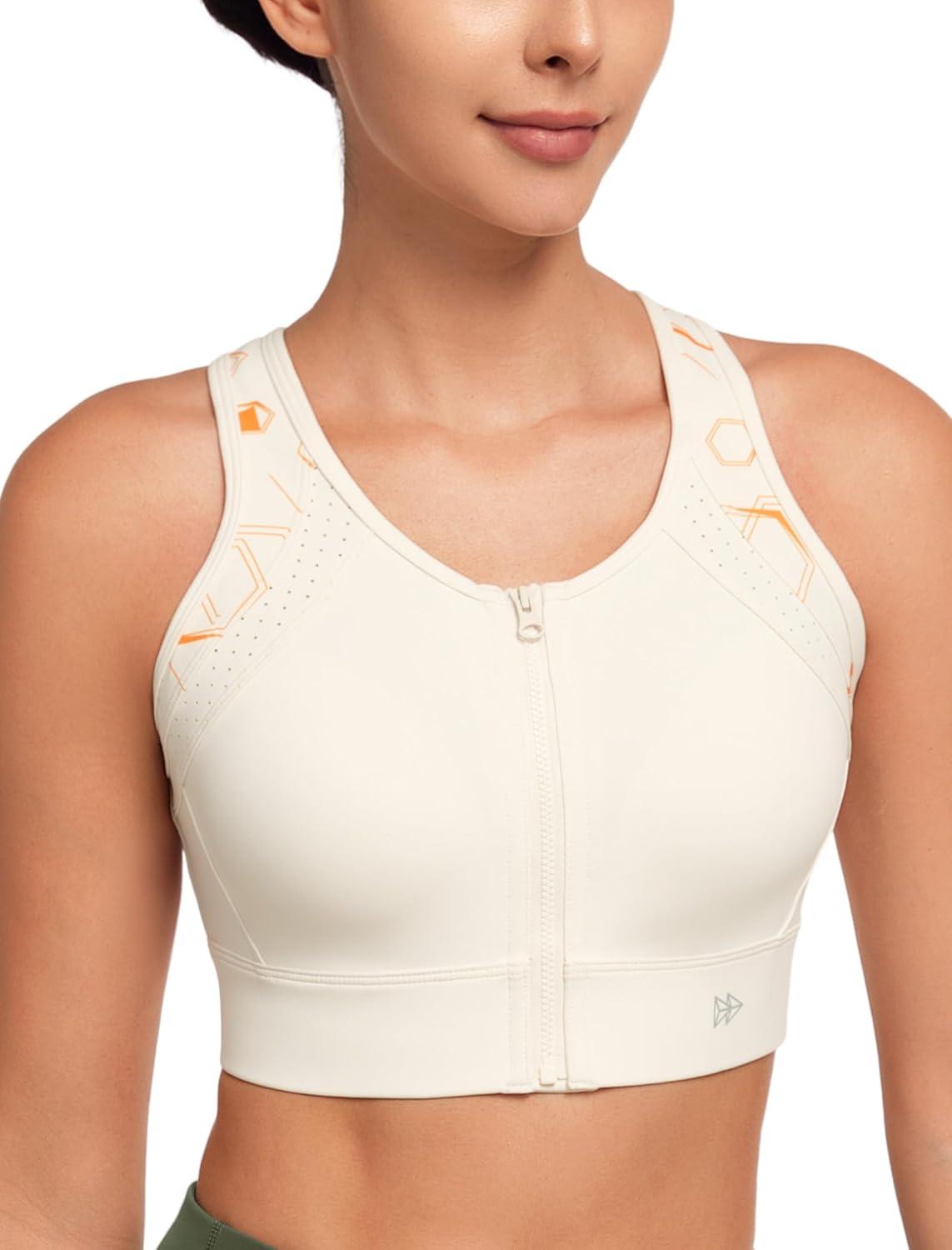 Yvette Sports Bras for Women High Impact Support, Sleek V-Neck Design with Adjustable Criss Cross Straps, Plus Size Sports Bra for Large Breasts Bust for Running & Workout Ivory