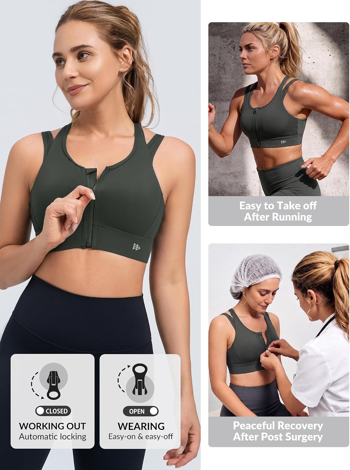 Yvette Front Closure High Support Sports Bras for Women Double Straps Plus Size Sports Bra with Sewn in Pads(Dark Green)
