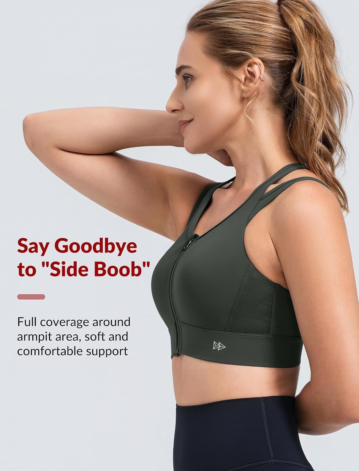 Yvette Front Closure High Support Sports Bras for Women Double Straps Plus Size Sports Bra with Sewn in Pads(Dark Green)