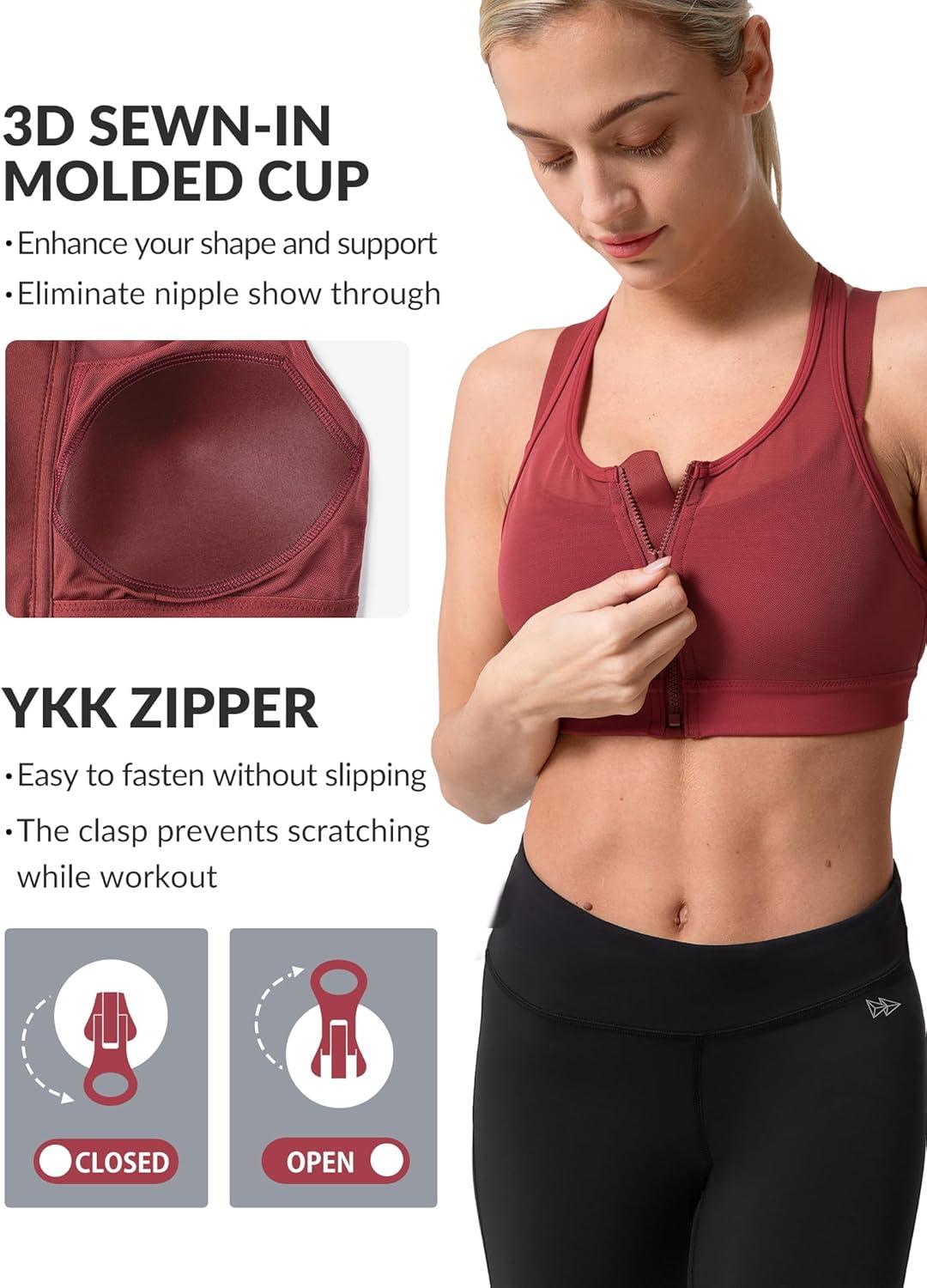 Yvette High Impact Women Sports Bra Front Closure Double Deck Mesh Running Bra for Plus Size(Coral Red)