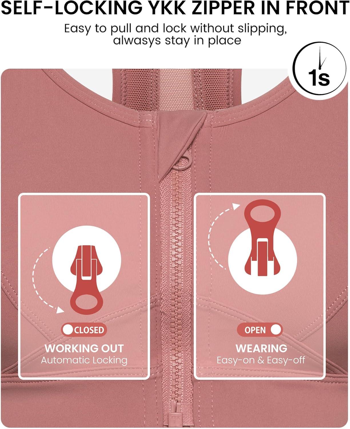 Yvette Zip Front Sports Bra – High Impact Sports Bras for Women Plus Size Workout Fitness Running(Rouge Pink)