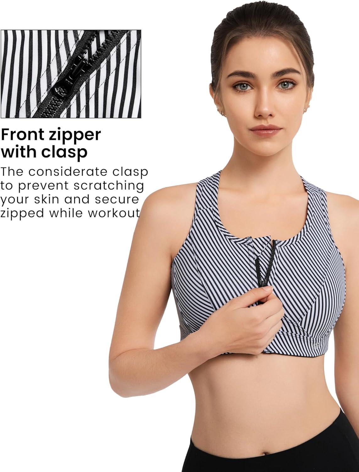 Yvette Zip Front Sports Bra – High Impact Sports Bras for Women Plus Size Workout Fitness Running(Black Printed)