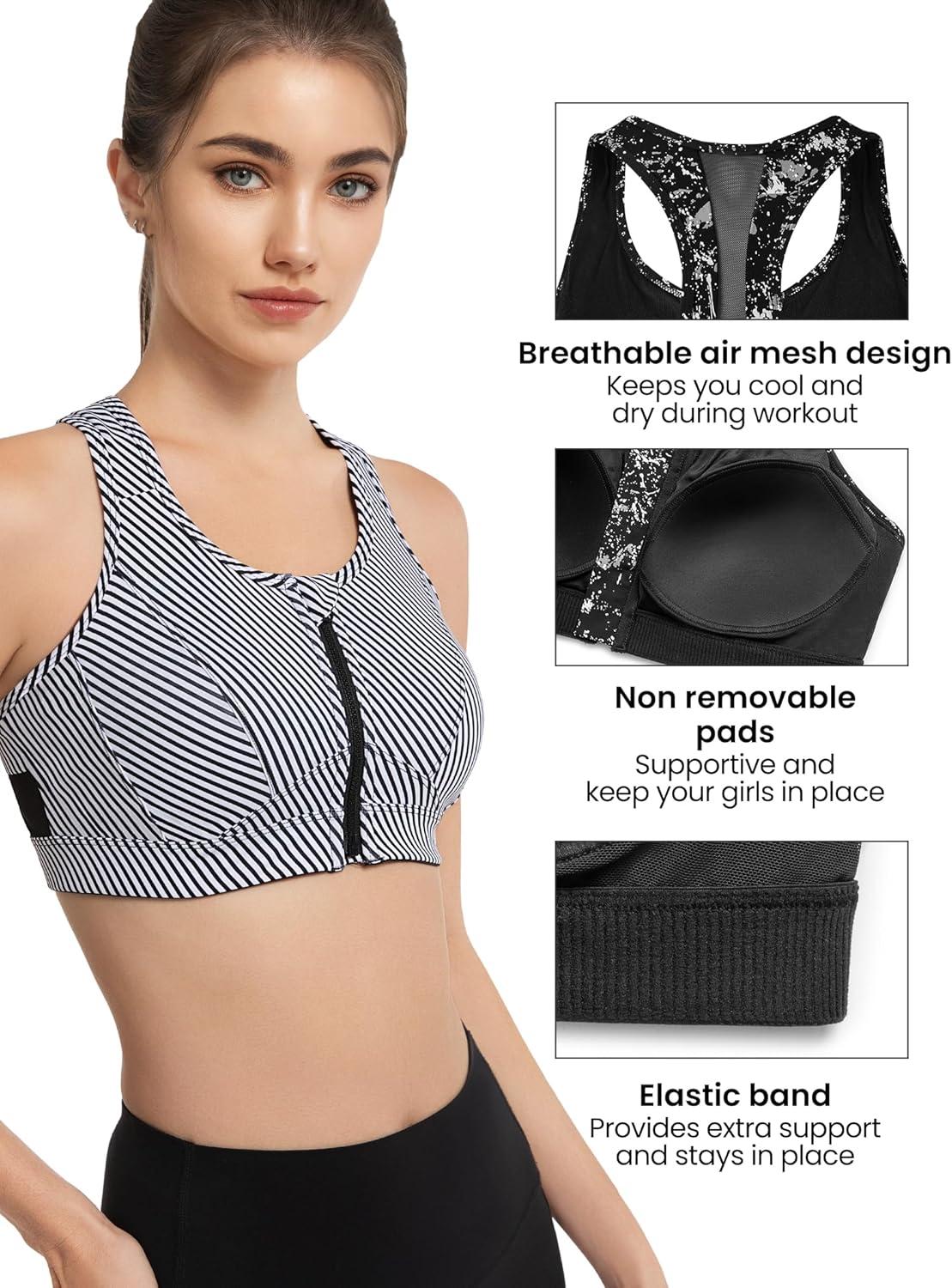 Yvette Zip Front Sports Bra – High Impact Sports Bras for Women Plus Size Workout Fitness Running(Black Printed)