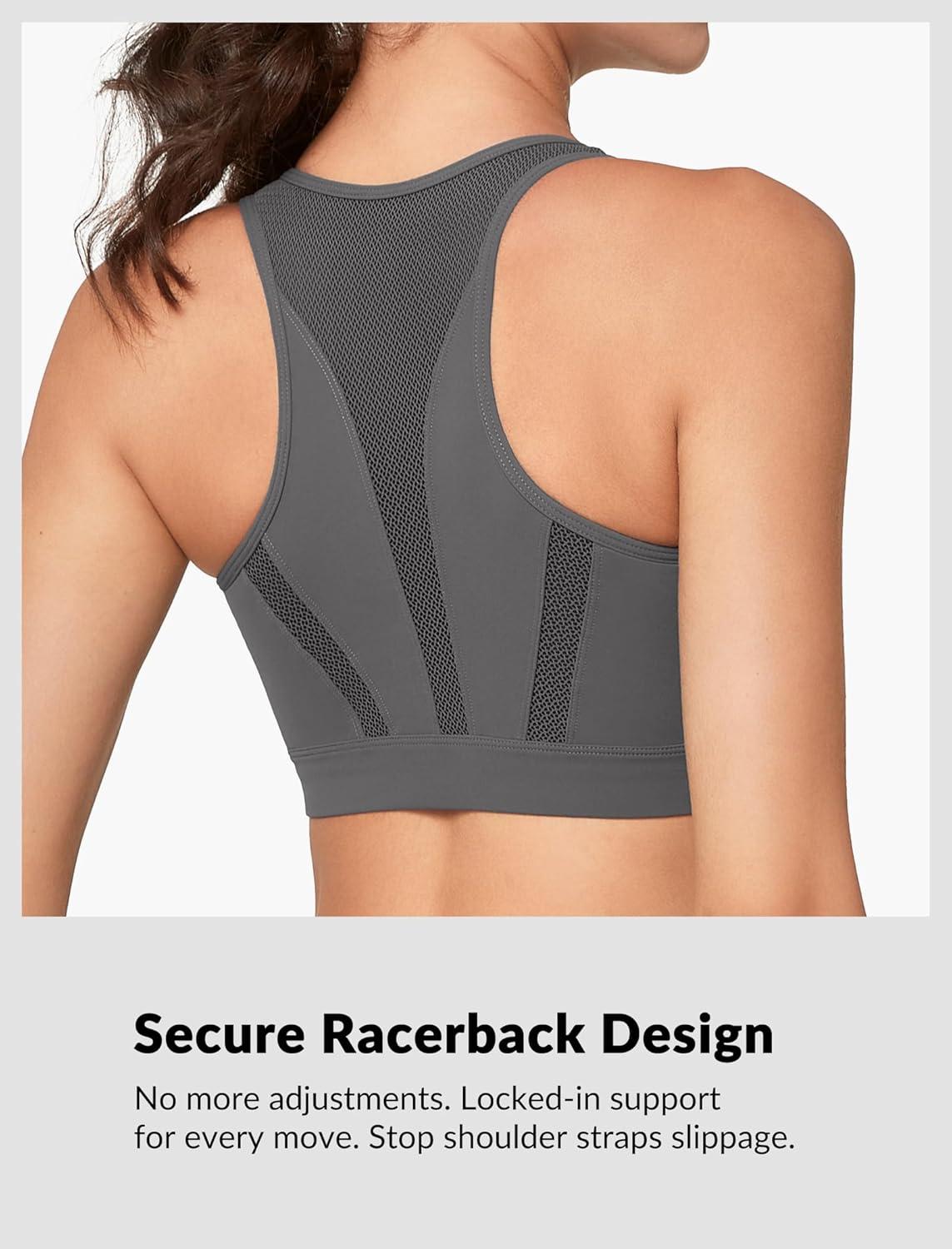 Yvette Front Zip Sports Bras for Women High Support Impact, Supportive Running Bra with Sewn-in Molded Cups for Large Bust(Grey)