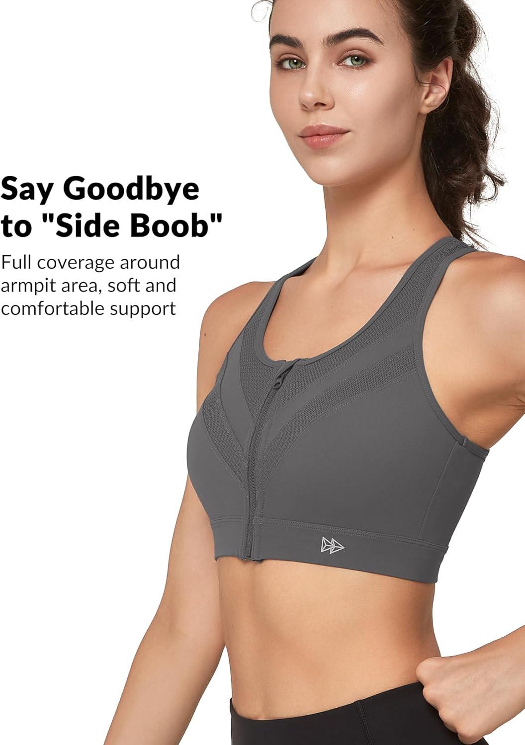 Yvette Front Zip Sports Bras for Women High Support Impact, Supportive Running Bra with Sewn-in Molded Cups for Large Bust(Grey)