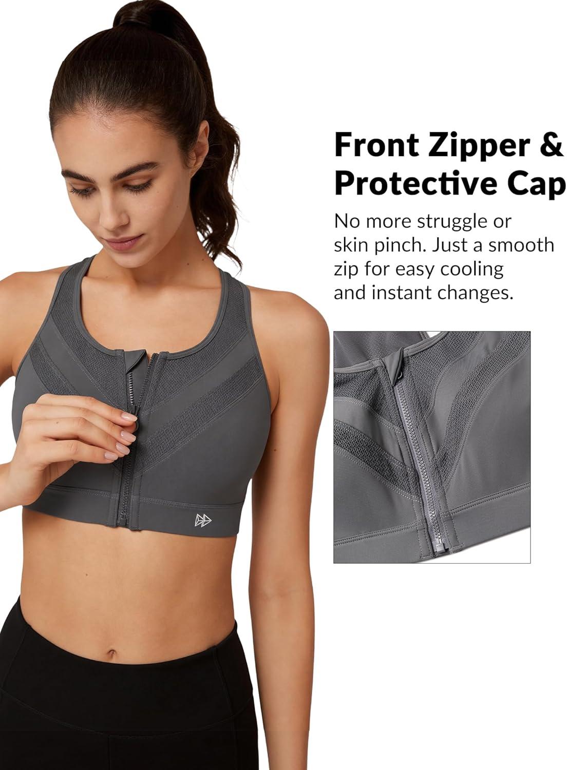 Yvette Front Zip Sports Bras for Women High Support Impact, Supportive Running Bra with Sewn-in Molded Cups for Large Bust(Grey)