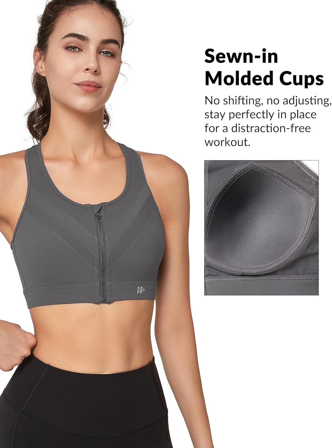 Yvette Front Zip Sports Bras for Women High Support Impact, Supportive Running Bra with Sewn-in Molded Cups for Large Bust(Grey)