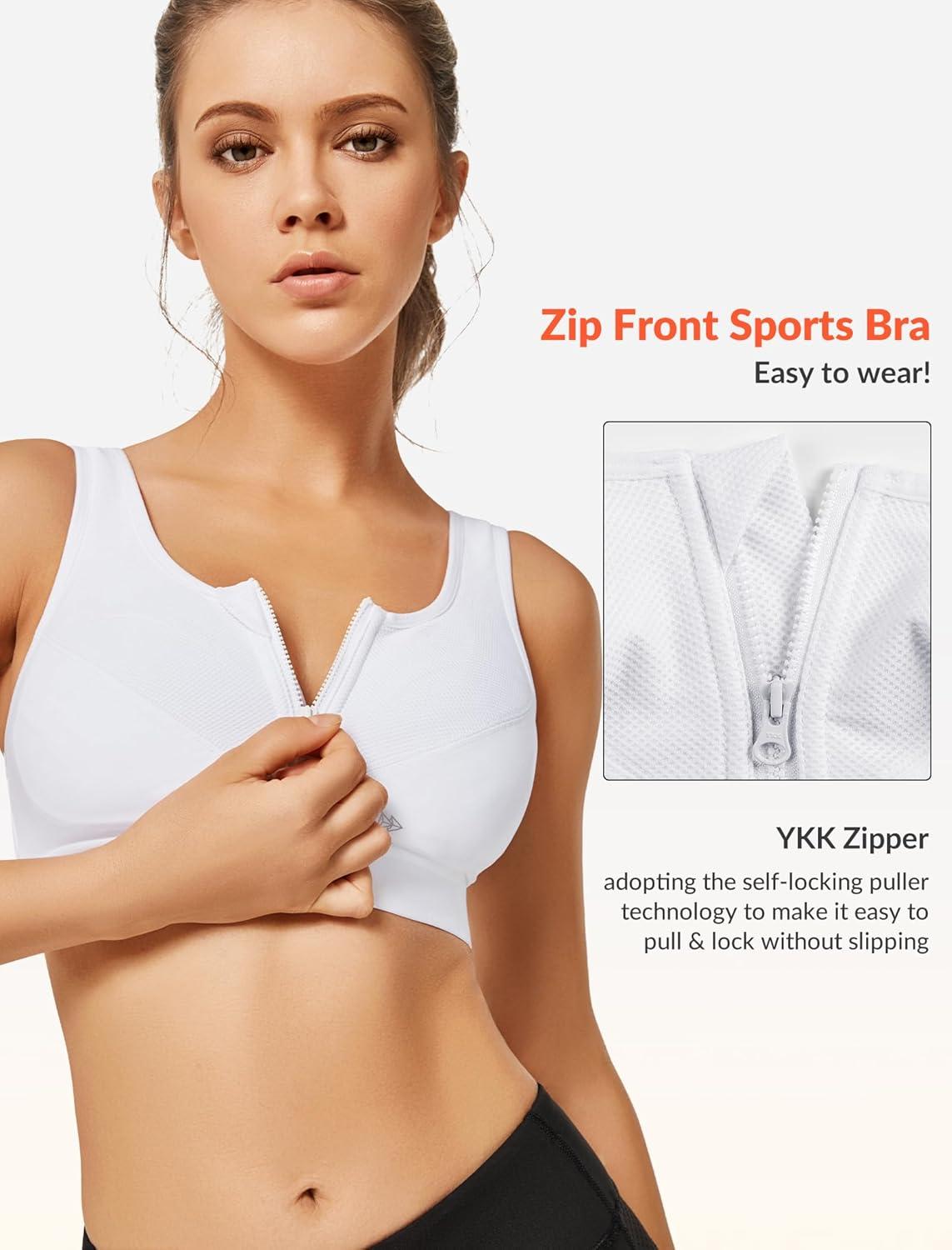 Yvette Zip Front Sports Bras 32A-48DD Plus Size for Women High Impact Yoga Bra Wirefree No Padding(White/Please Size Up)
