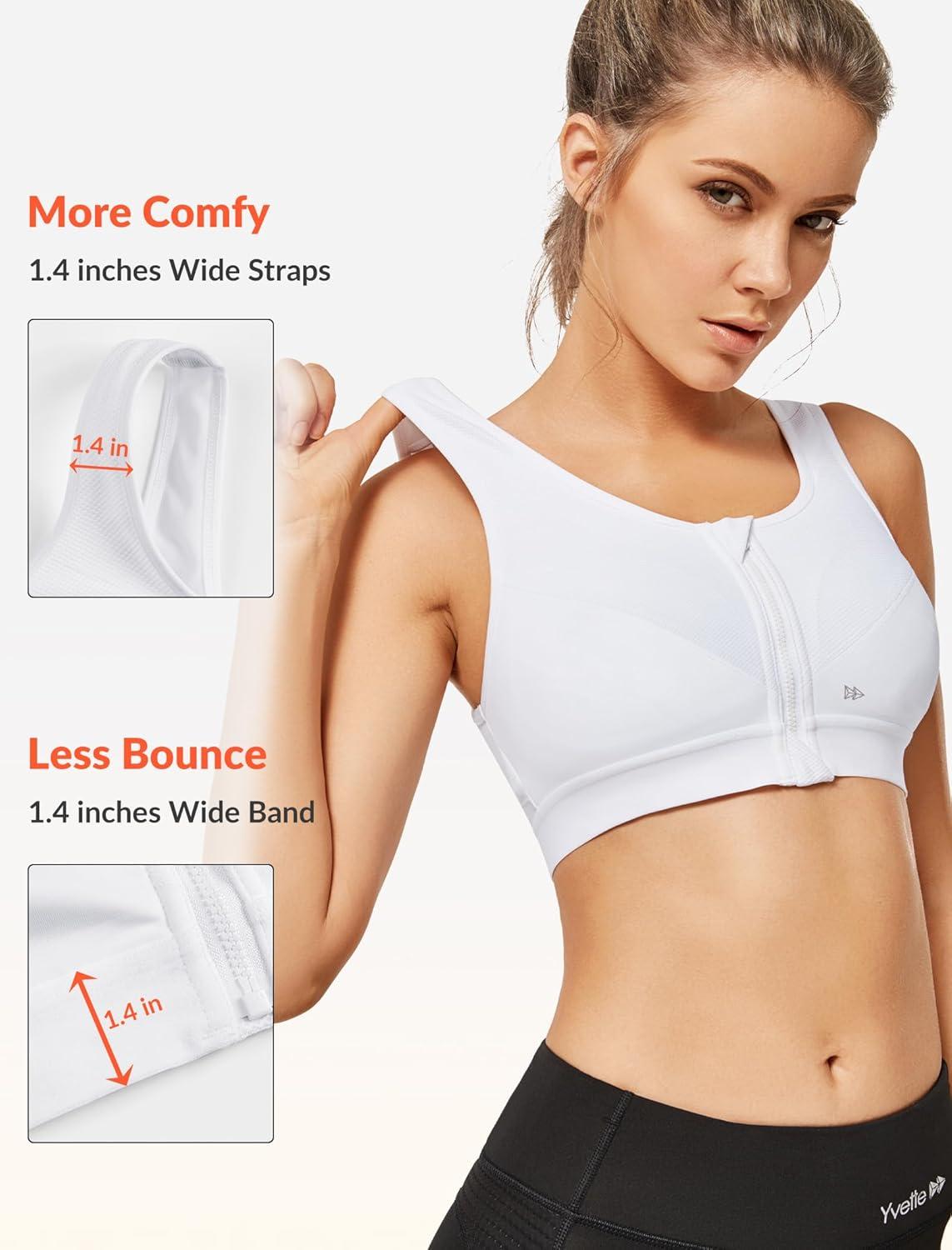 Yvette Zip Front Sports Bras 32A-48DD Plus Size for Women High Impact Yoga Bra Wirefree No Padding(White/Please Size Up)