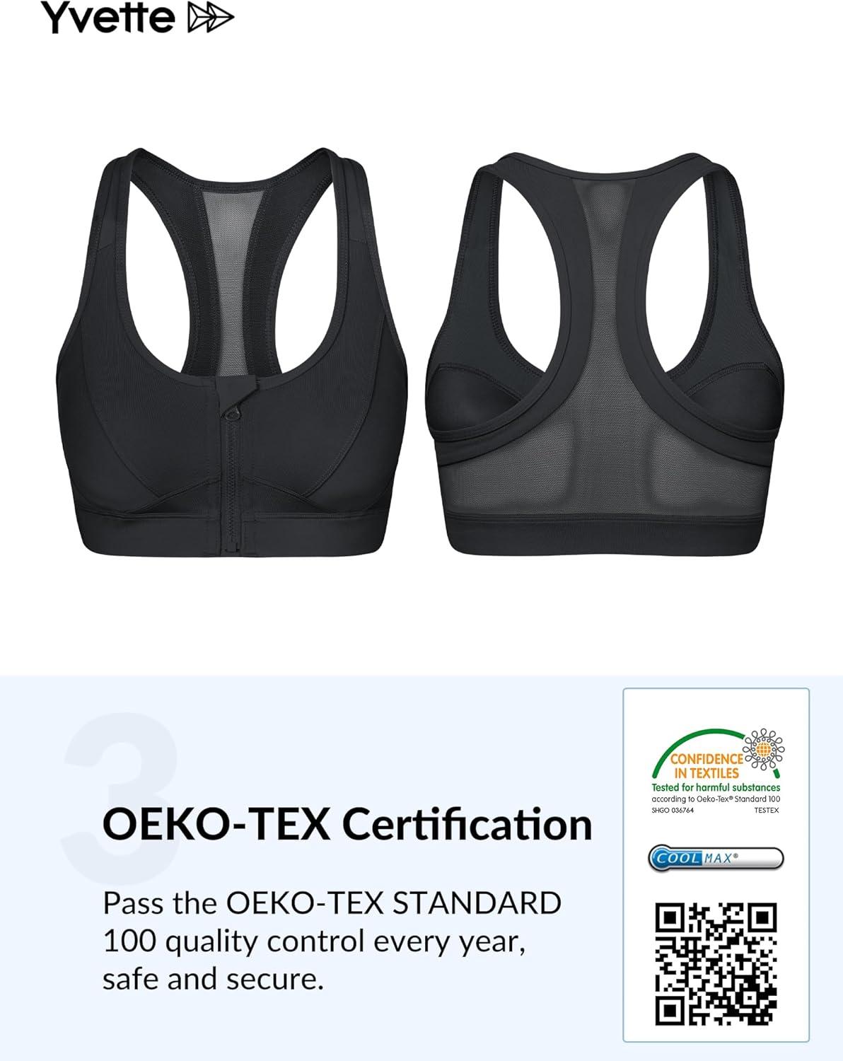 Yvette Zip Front Sports Bra – High Impact Sports Bras for Women Plus Size Workout Fitness Running(Black)