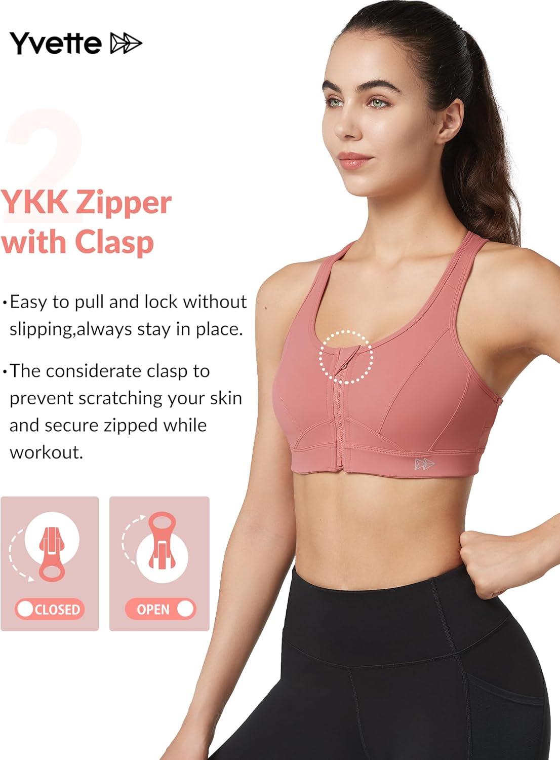 Yvette Zip Front Sports Bra – High Impact Sports Bras for Women Plus Size Workout Fitness Running(Rose Red)