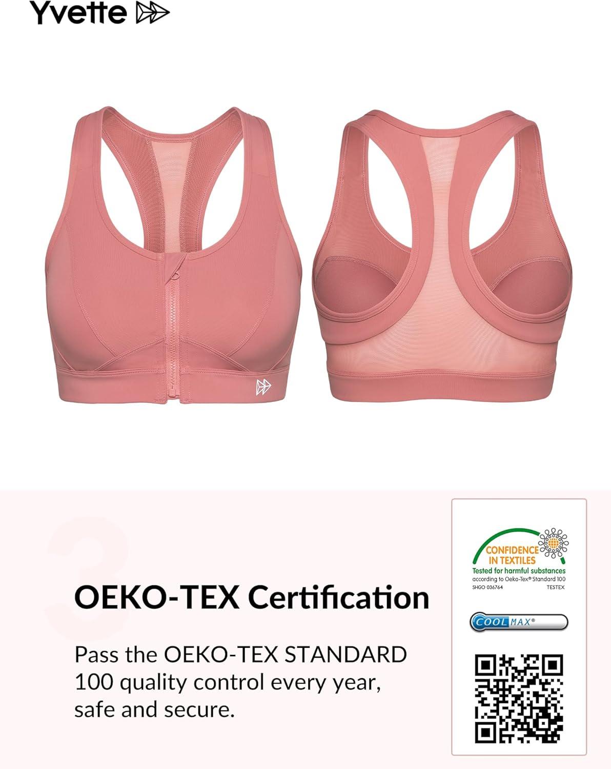 Yvette Zip Front Sports Bra – High Impact Sports Bras for Women Plus Size Workout Fitness Running(Rose Red)