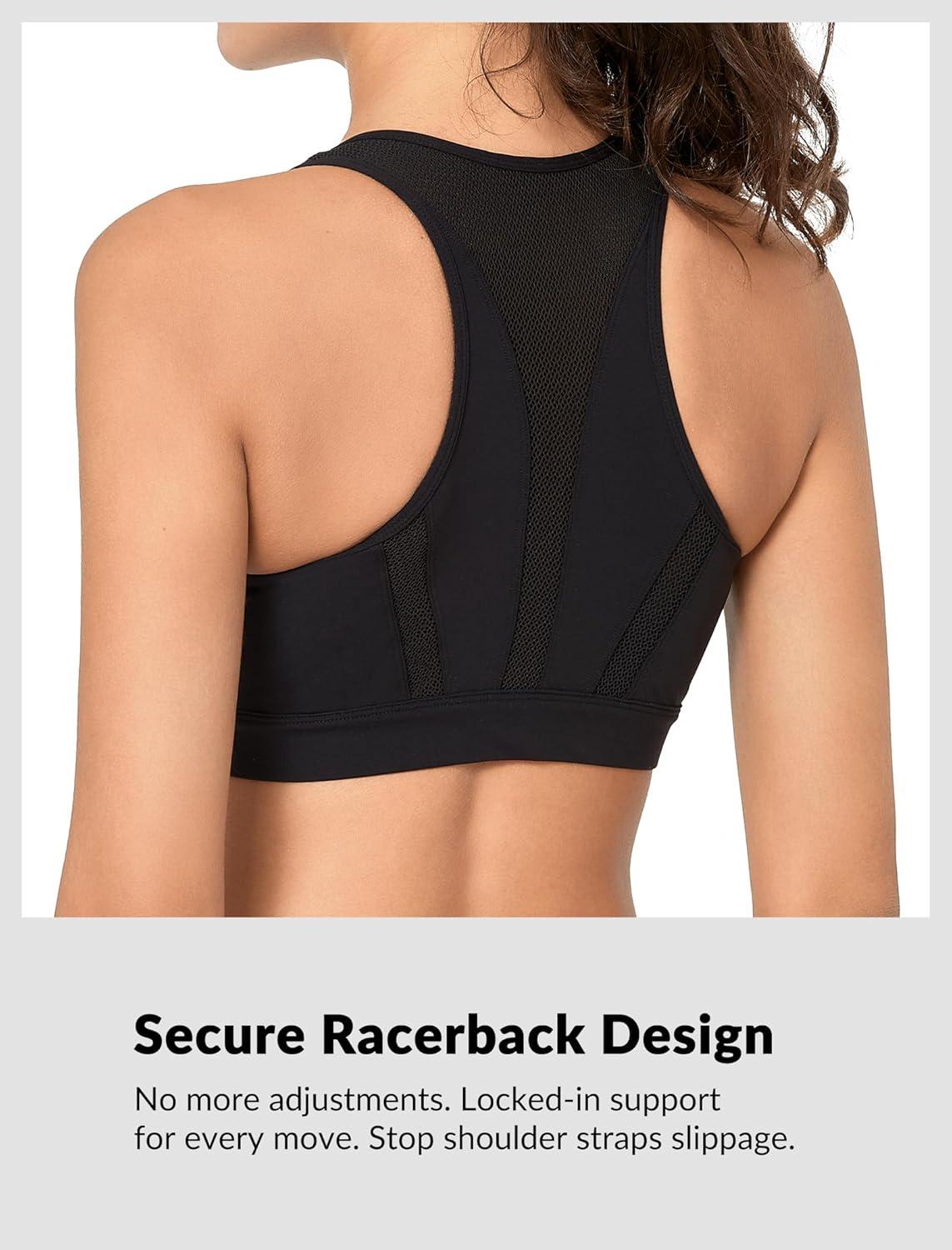 Yvette Front Zip Sports Bras for Women High Support Impact, Supportive Running Bra with Sewn-in Molded Cups for Large Bust(Black)