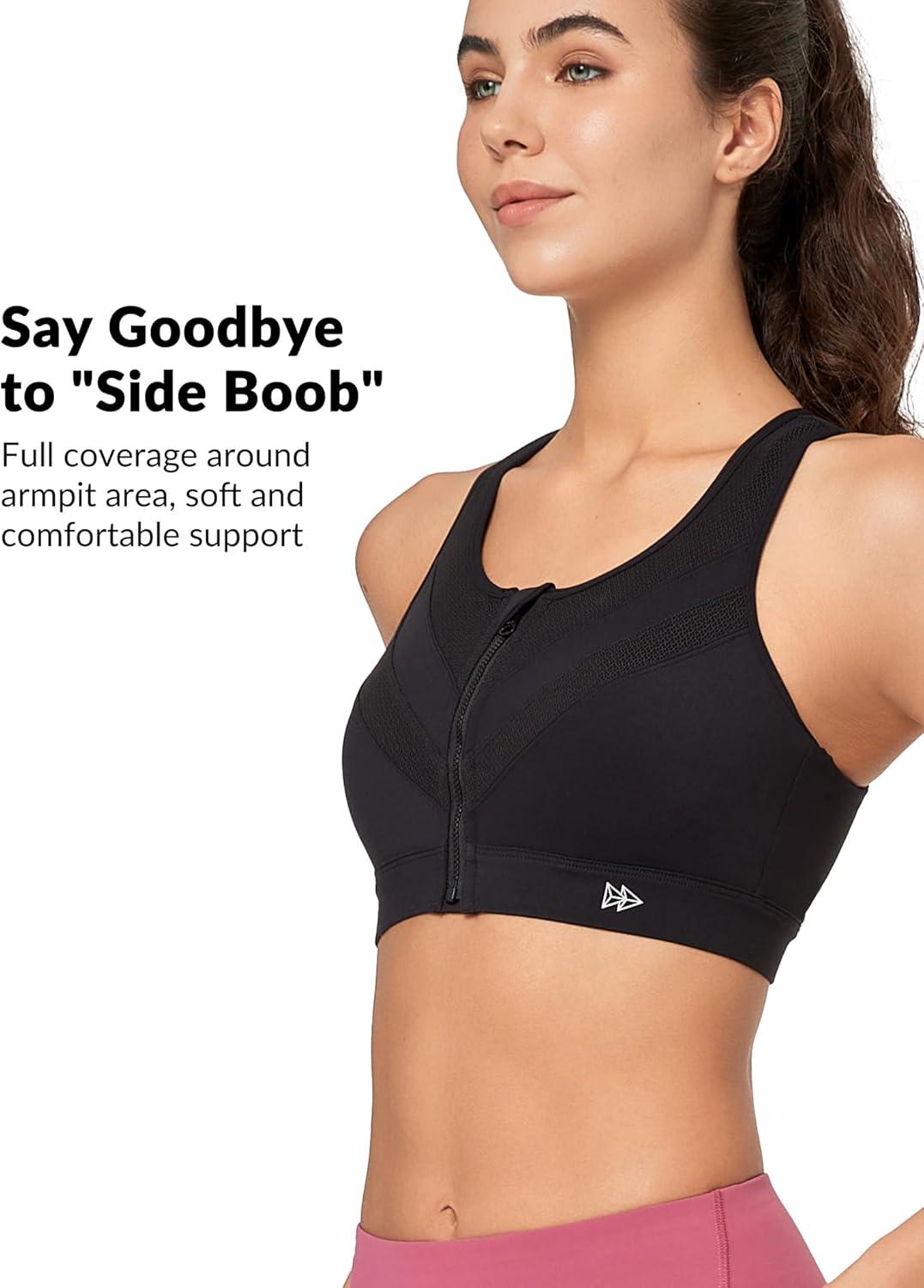 Yvette Front Zip Sports Bras for Women High Support Impact, Supportive Running Bra with Sewn-in Molded Cups for Large Bust(Black)
