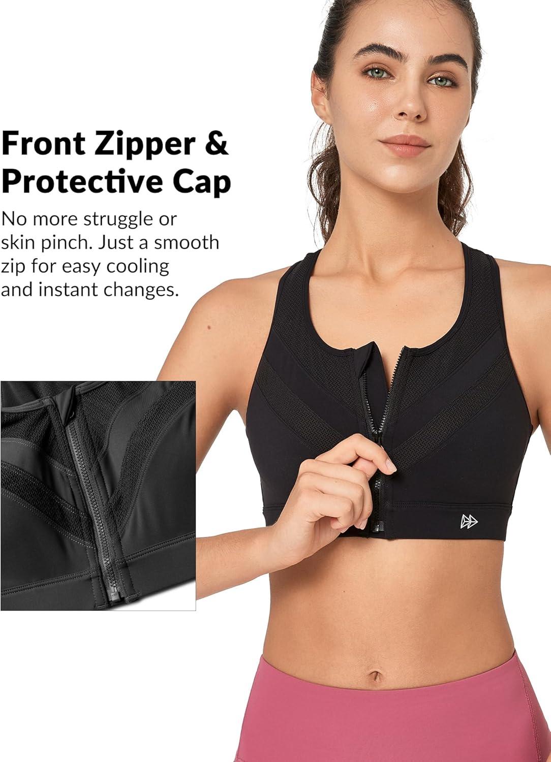 Yvette Front Zip Sports Bras for Women High Support Impact, Supportive Running Bra with Sewn-in Molded Cups for Large Bust(Black)