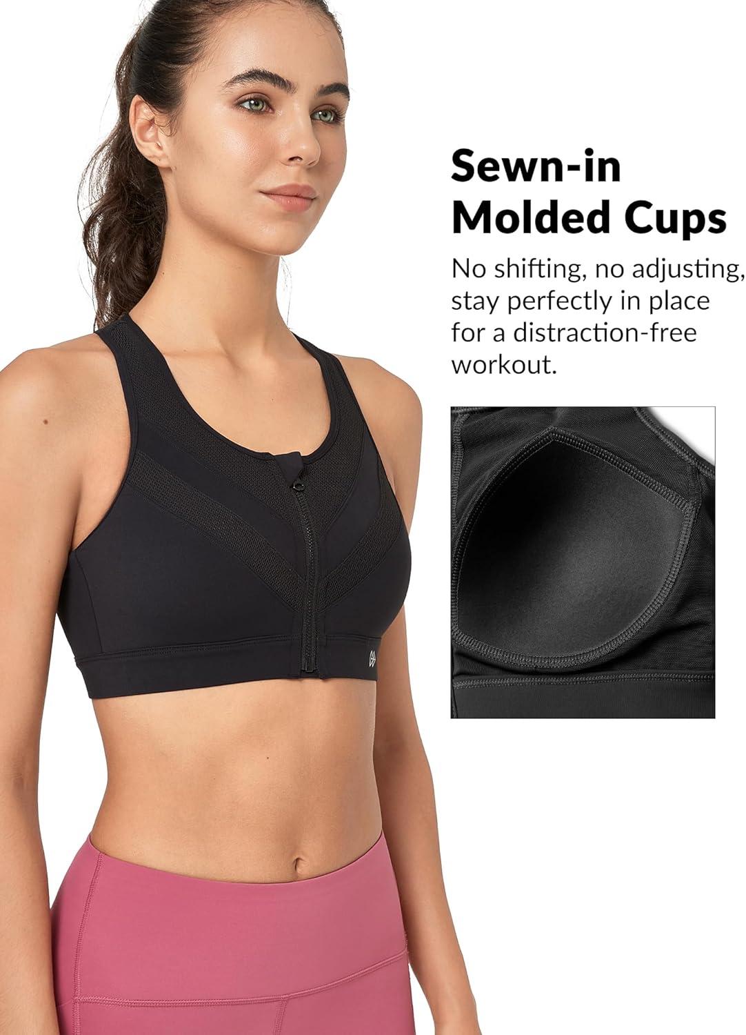 Yvette Front Zip Sports Bras for Women High Support Impact, Supportive Running Bra with Sewn-in Molded Cups for Large Bust(Black)