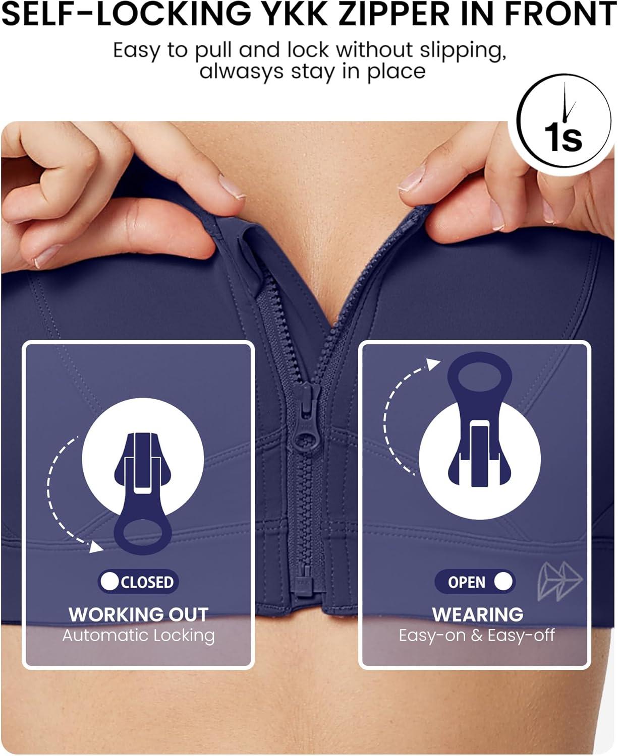 Yvette Zip Front Sports Bra – High Impact Sports Bras for Women Plus Size Workout Fitness Running(Light Navy Blue)