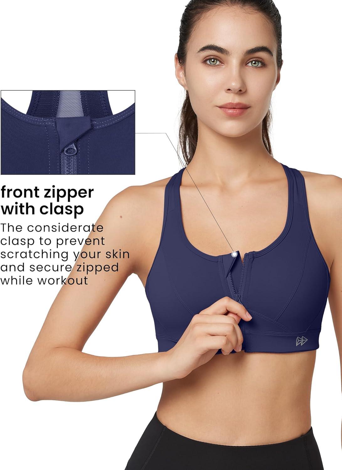 Yvette Zip Front Sports Bra – High Impact Sports Bras for Women Plus Size Workout Fitness Running(Light Navy Blue)