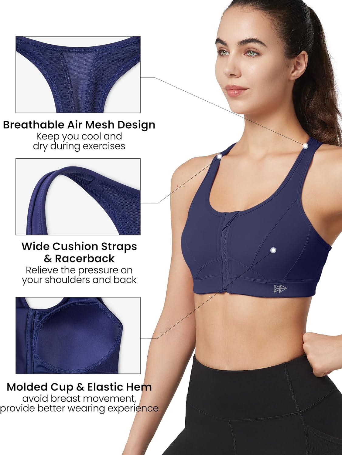Yvette Zip Front Sports Bra – High Impact Sports Bras for Women Plus Size Workout Fitness Running(Light Navy Blue)