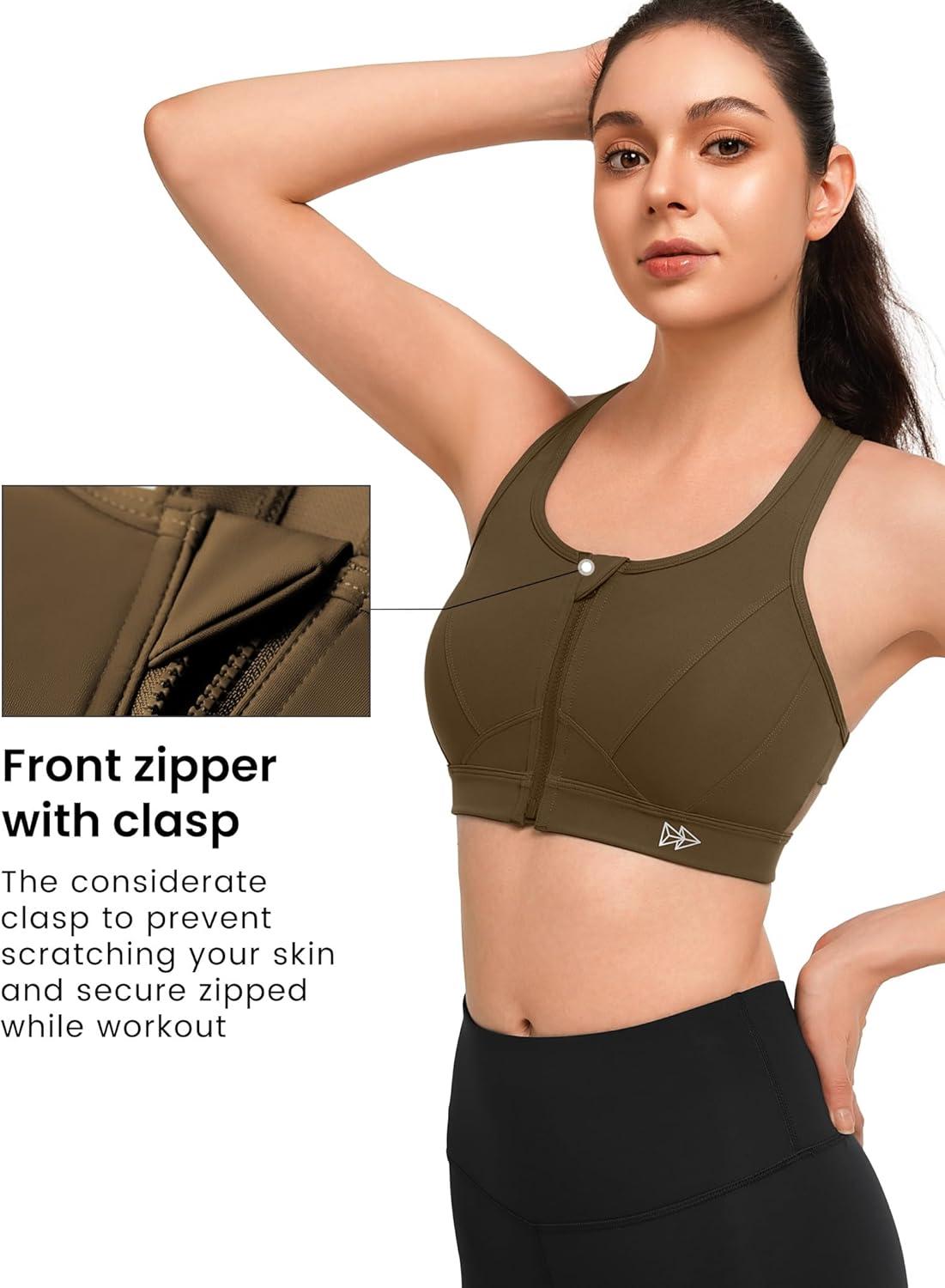 Yvette Zip Front Sports Bra – High Impact Sports Bras for Women Plus Size Workout Fitness Running(Camel)