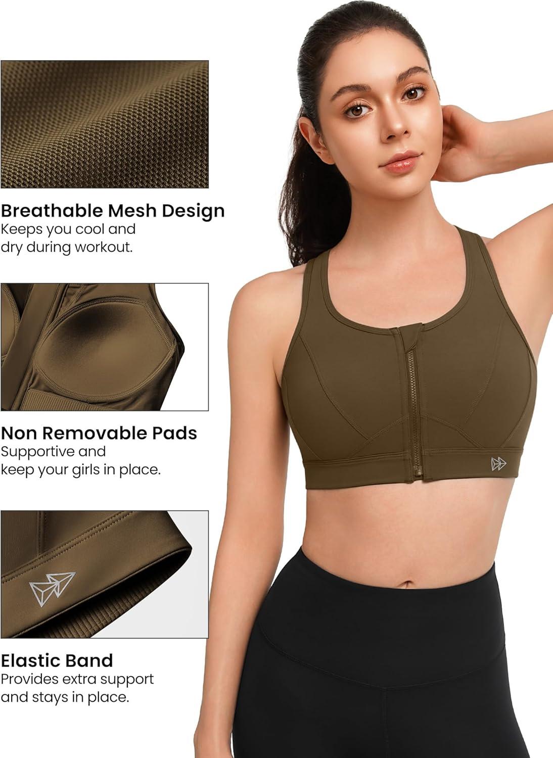 Yvette Zip Front Sports Bra – High Impact Sports Bras for Women Plus Size Workout Fitness Running(Camel)