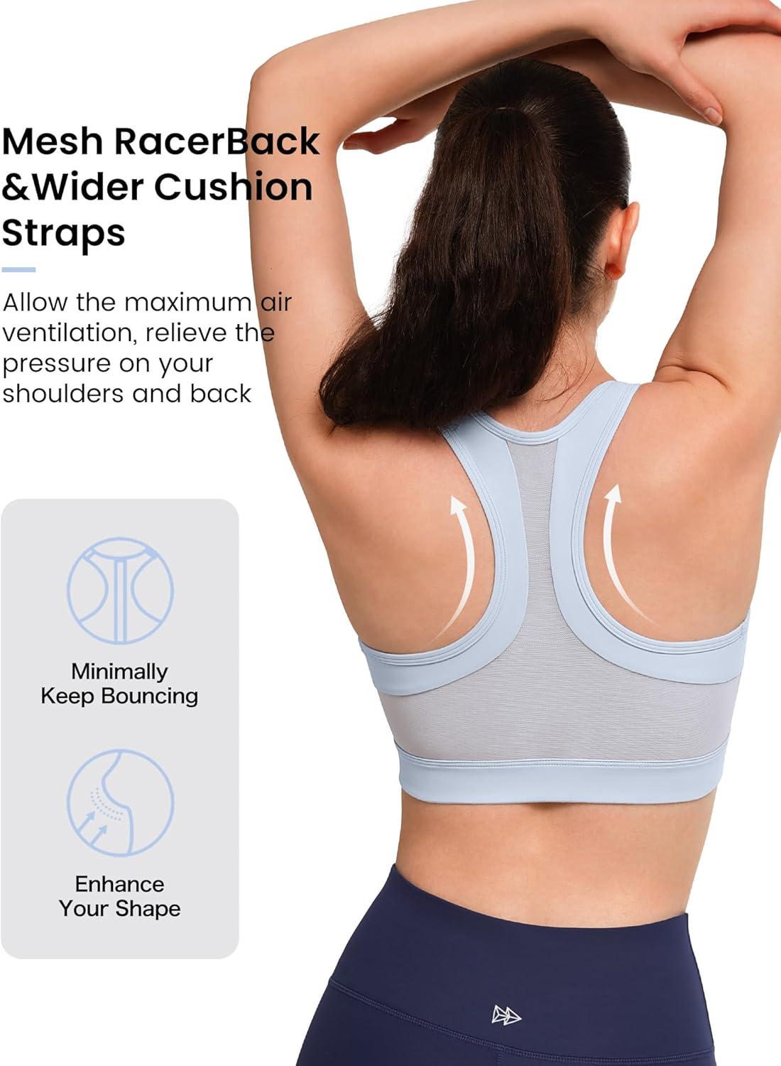 Yvette Zip Front Sports Bra – High Impact Sports Bras for Women Plus Size Workout Fitness Running(Light Blue)