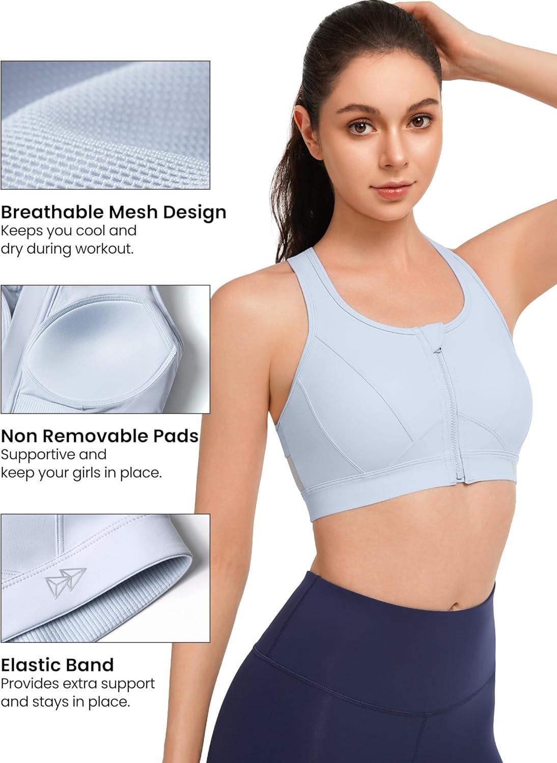 Yvette Zip Front Sports Bra – High Impact Sports Bras for Women Plus Size Workout Fitness Running(Light Blue)