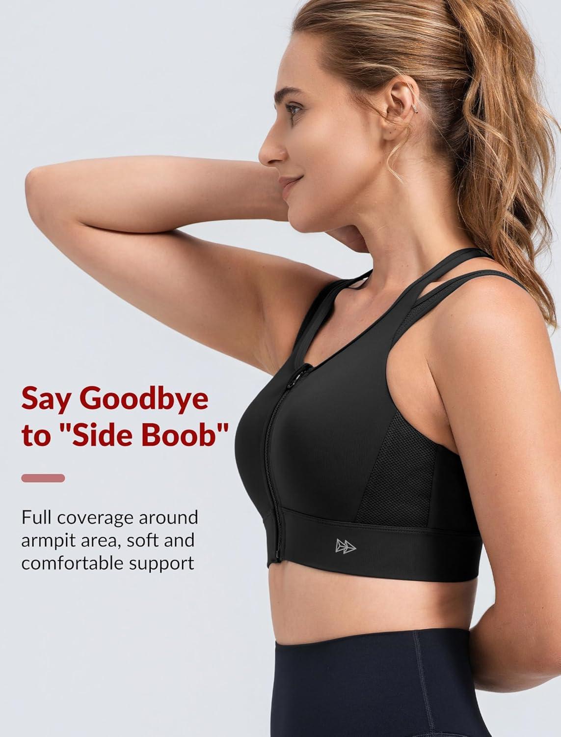 Yvette Front Closure High Support Sports Bras for Women Double Straps Plus Size Sports Bra with Sewn in Pads(Black)