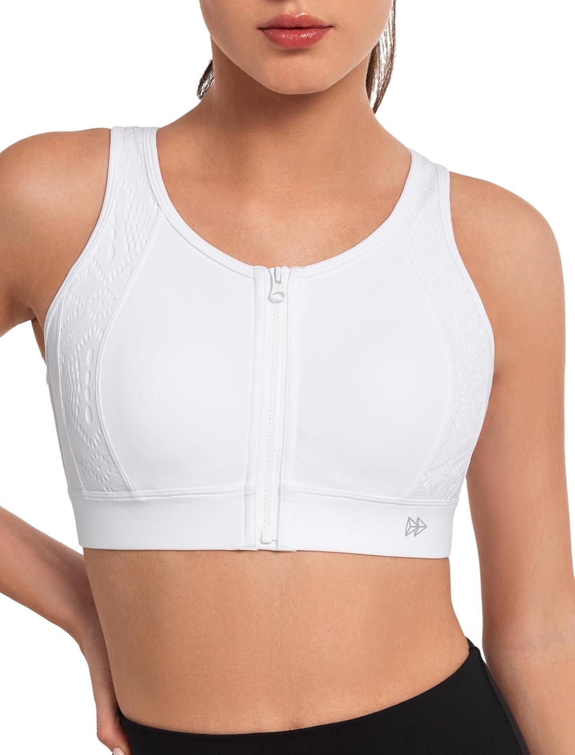 Yvette Lace Front Zip Sports Bras for Women High Impact Running Bras for Large Bust(White)