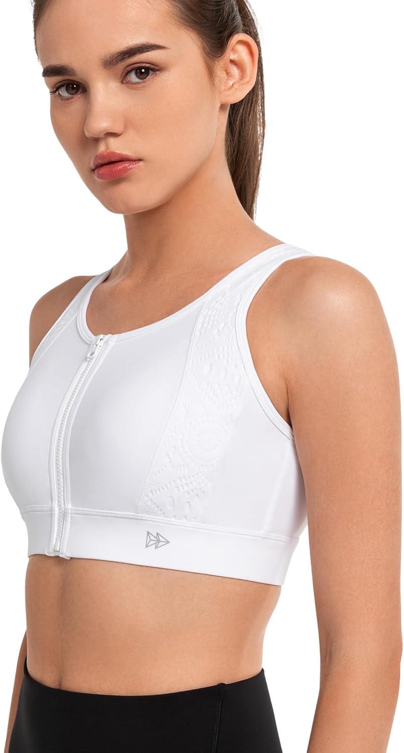 Yvette Lace Front Zip Sports Bras for Women High Impact Running Bras for Large Bust(White)