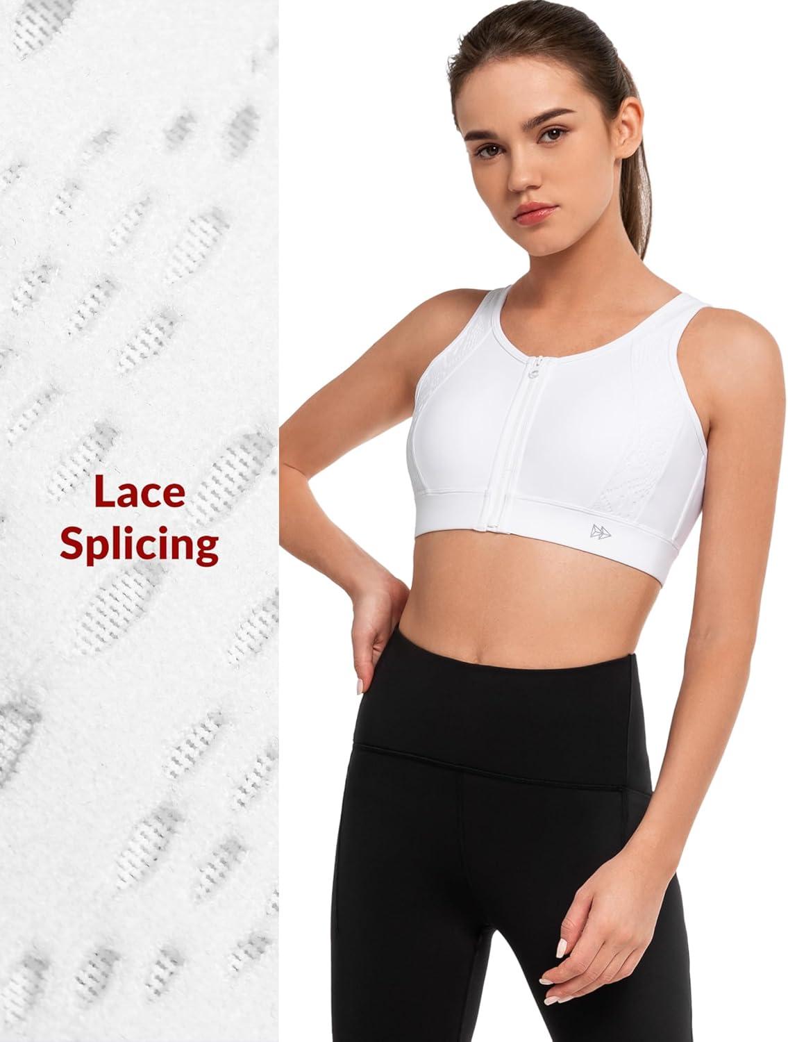 Yvette Lace Front Zip Sports Bras for Women High Impact Running Bras for Large Bust(White)