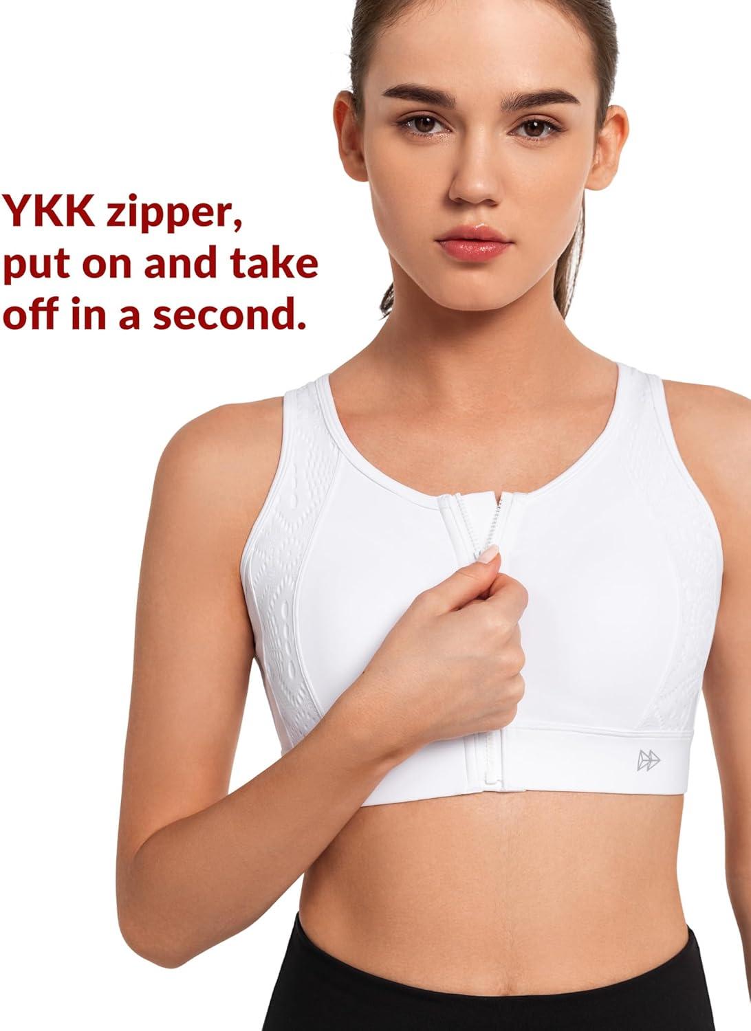 Yvette Lace Front Zip Sports Bras for Women High Impact Running Bras for Large Bust(White)