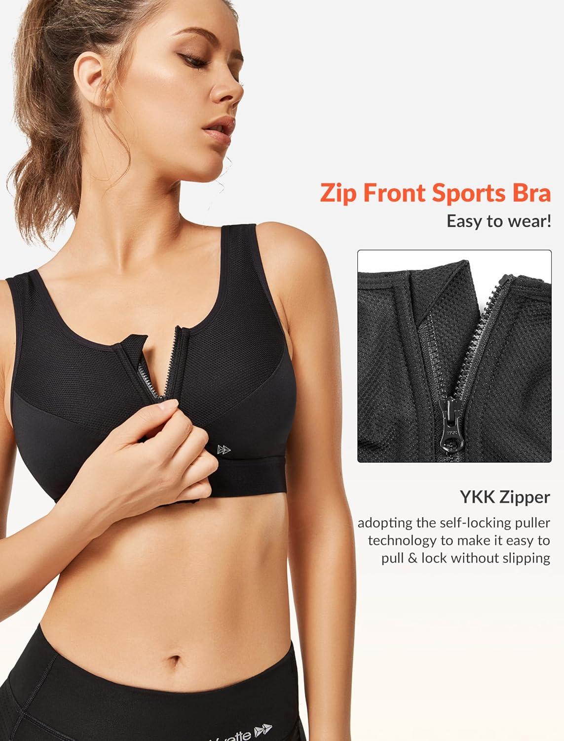 Yvette Zip Front Sports Bras 32A-48DD Plus Size for Women High Impact Yoga Bra Wirefree No Padding(Black/Please Size Up)