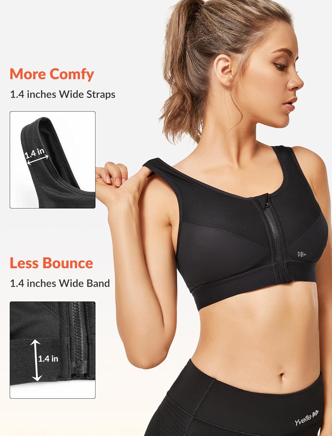 Yvette Zip Front Sports Bras 32A-48DD Plus Size for Women High Impact Yoga Bra Wirefree No Padding(Black/Please Size Up)