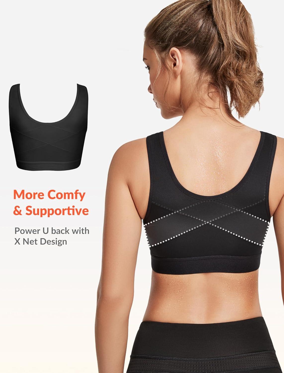 Yvette Zip Front Sports Bras 32A-48DD Plus Size for Women High Impact Yoga Bra Wirefree No Padding(Black/Please Size Up)