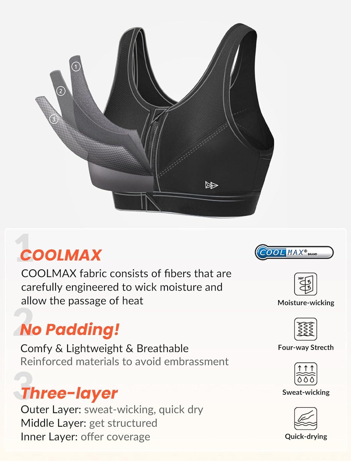 Yvette Zip Front Sports Bras 32A-48DD Plus Size for Women High Impact Yoga Bra Wirefree No Padding(Black/Please Size Up)