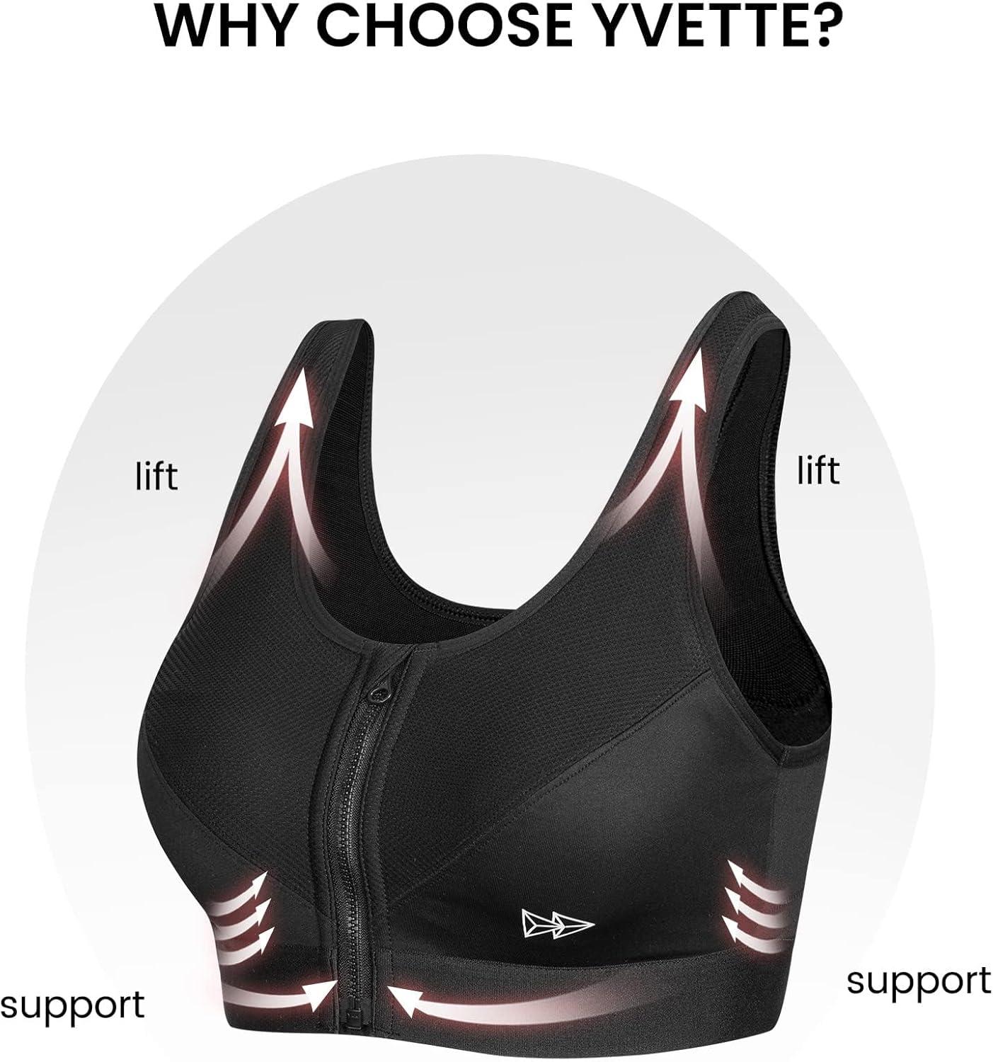 Yvette Zip Front Sports Bras 32A-48DD Plus Size for Women High Impact Yoga Bra Wirefree No Padding(Black/Please Size Up)