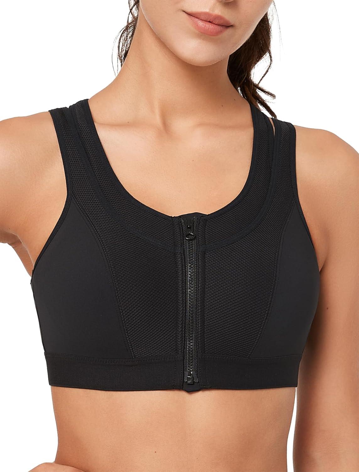 Yvette High Support Sports Bras for Women Double Deck Straps High Impact Mesh Zip Front Sports Bra for Running(Black)