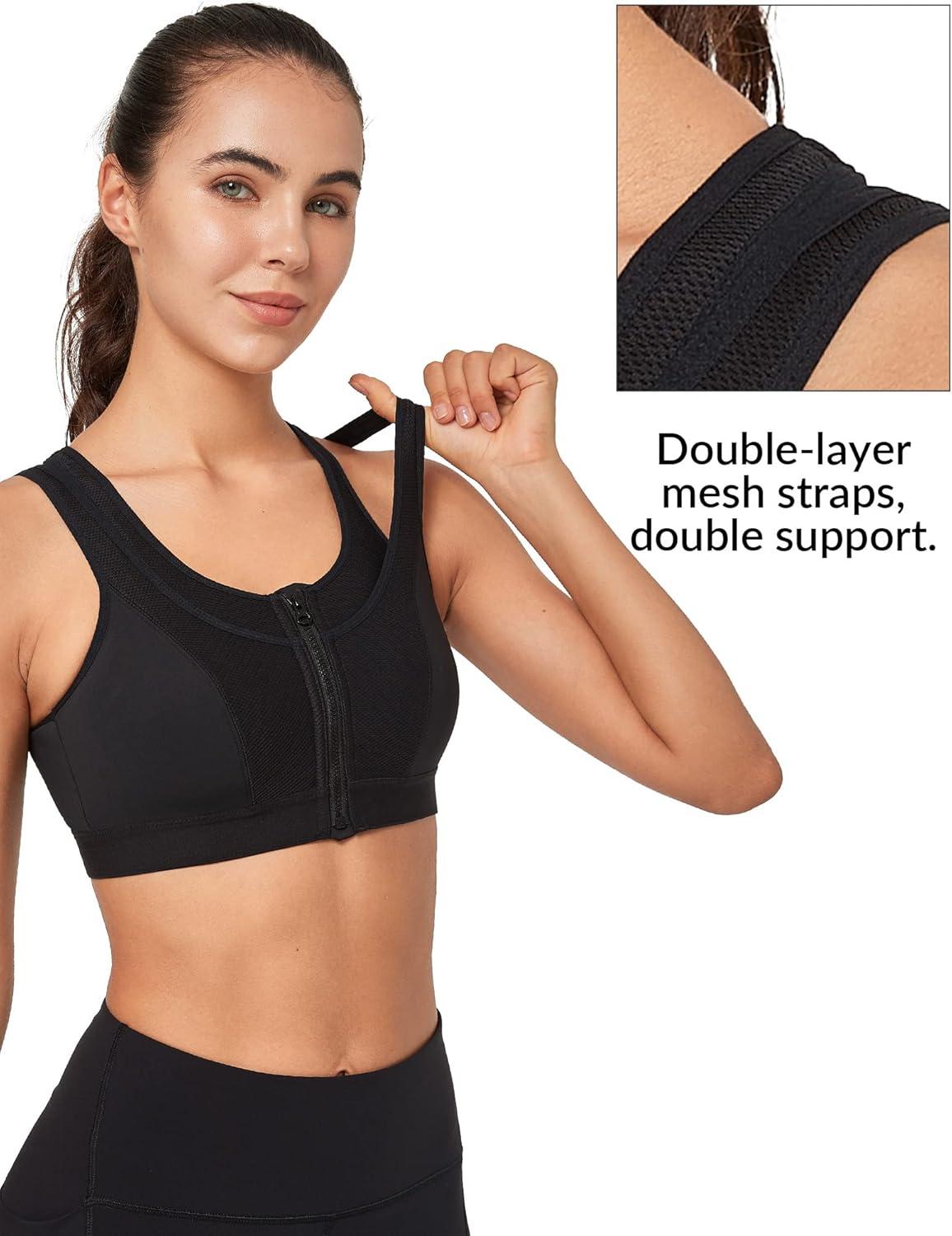 Yvette High Support Sports Bras for Women Double Deck Straps High Impact Mesh Zip Front Sports Bra for Running(Black)