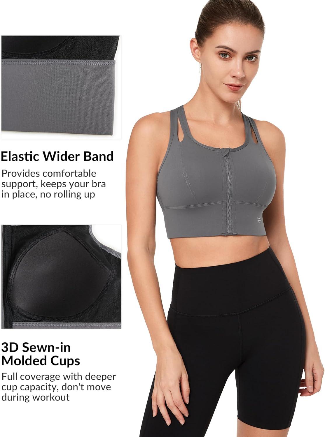 Yvette Womens Sports Bras High Impact Front Zipper Sports Bra for Large Bust Full Support Racerback Workout Running