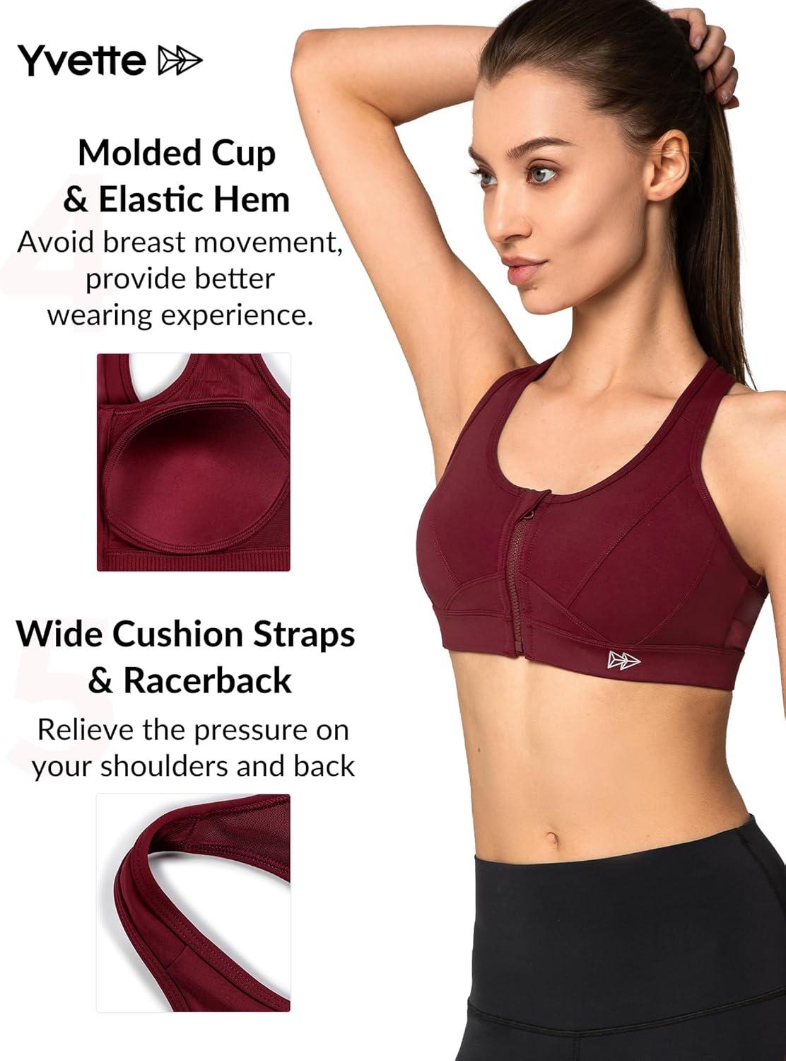 Yvette Zip Front Sports Bra – High Impact Sports Bras for Women Plus Size Workout Fitness Running(Burgundy)