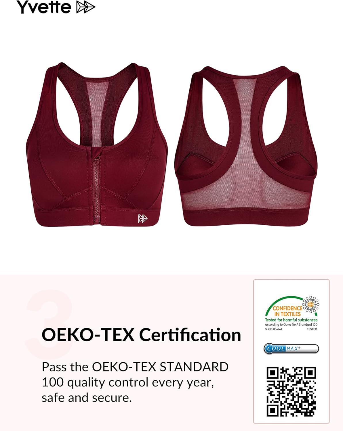 Yvette Zip Front Sports Bra – High Impact Sports Bras for Women Plus Size Workout Fitness Running(Burgundy)