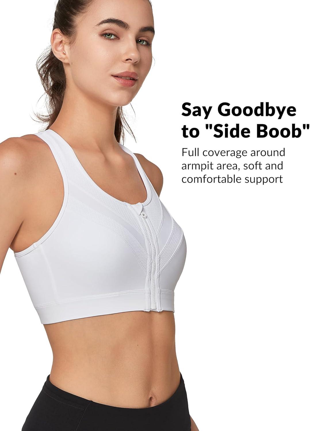 Yvette Front Zip Sports Bras for Women High Support Impact, Supportive Running Bra with Sewn-in Molded Cups for Large Bust(White)