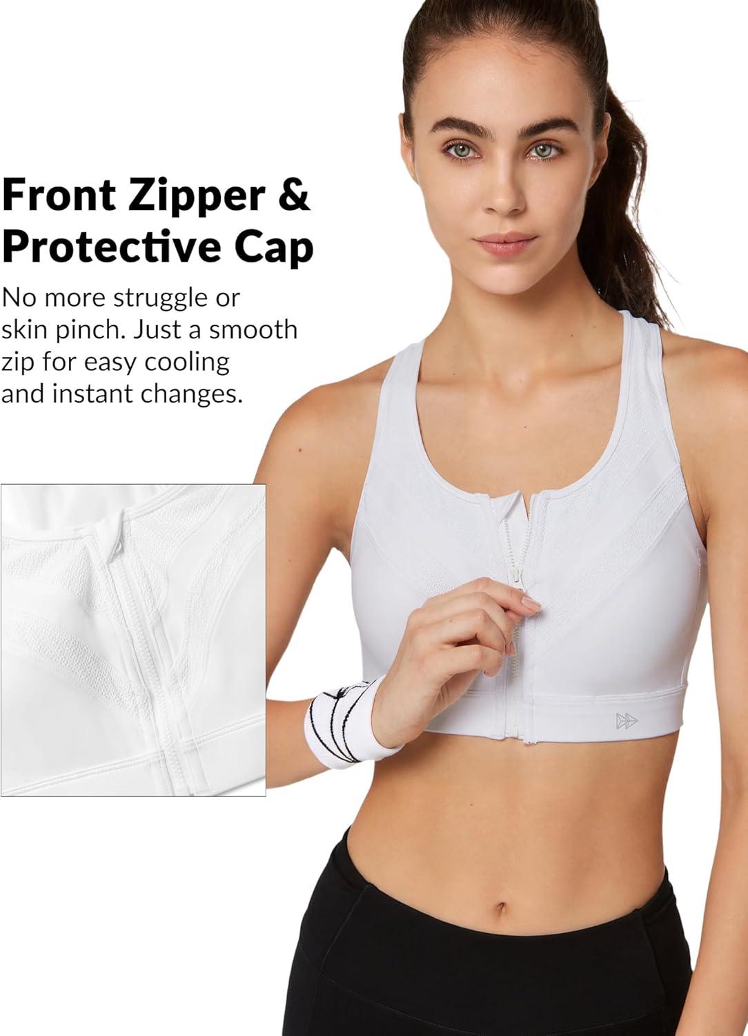 Yvette Front Zip Sports Bras for Women High Support Impact, Supportive Running Bra with Sewn-in Molded Cups for Large Bust(White)