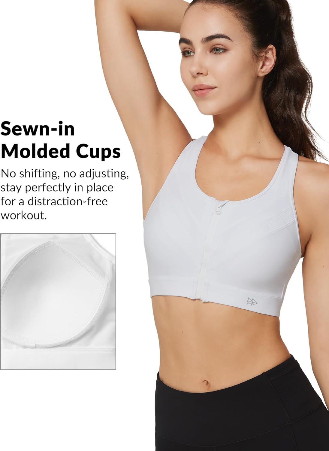 Yvette Front Zip Sports Bras for Women High Support Impact, Supportive Running Bra with Sewn-in Molded Cups for Large Bust(White)