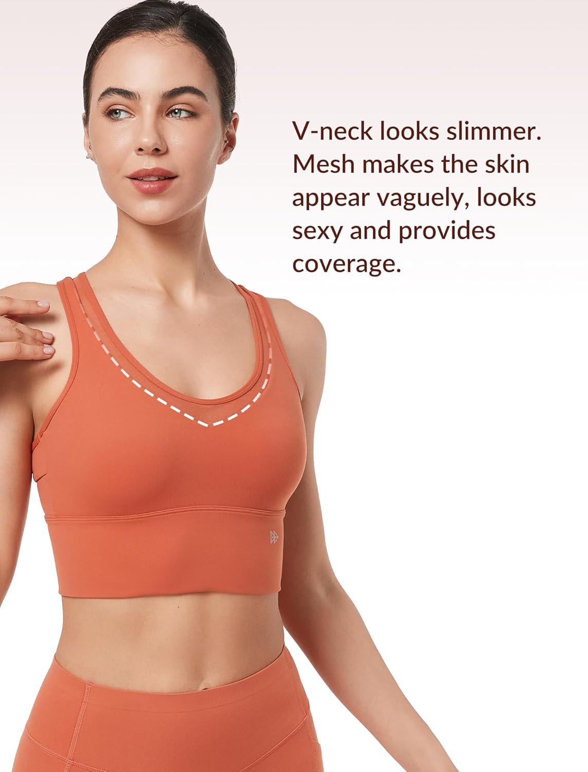 Yvette Low Impact Yoga Sports Bra Mesh Design V Neck Racerback Padding Wide Band for Support Tank Top(Coral Red)