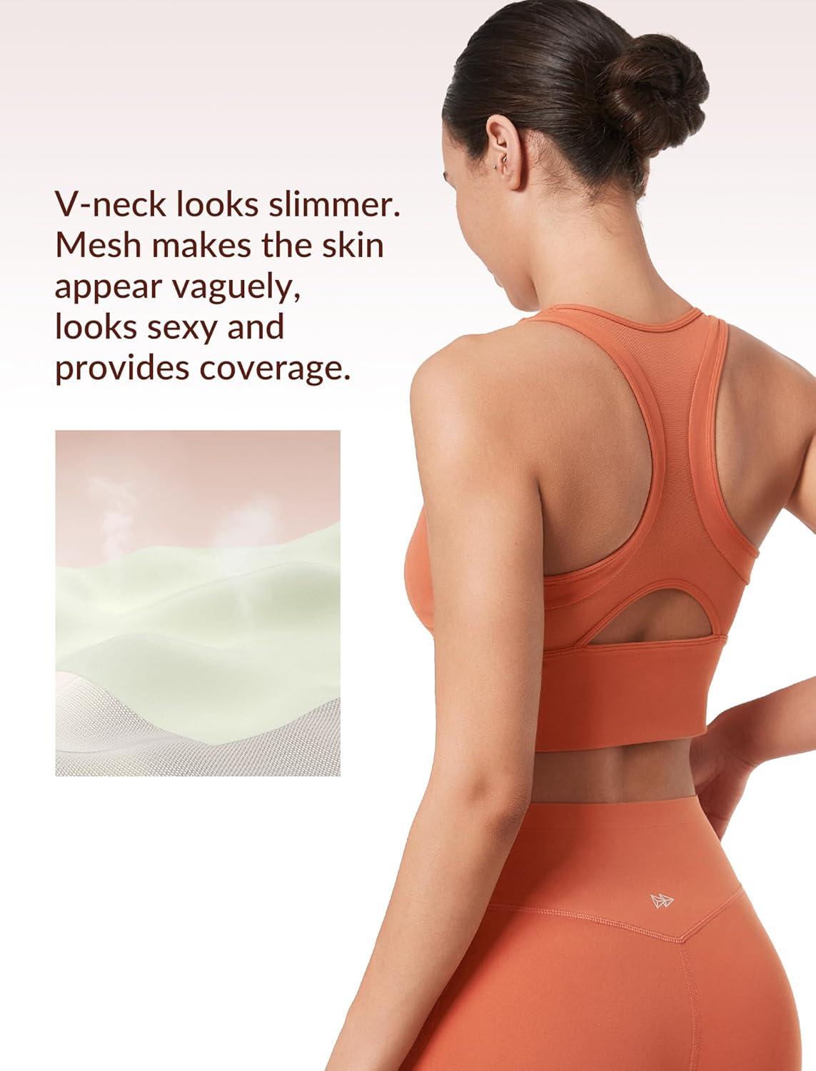 Yvette Low Impact Yoga Sports Bra Mesh Design V Neck Racerback Padding Wide Band for Support Tank Top(Coral Red)